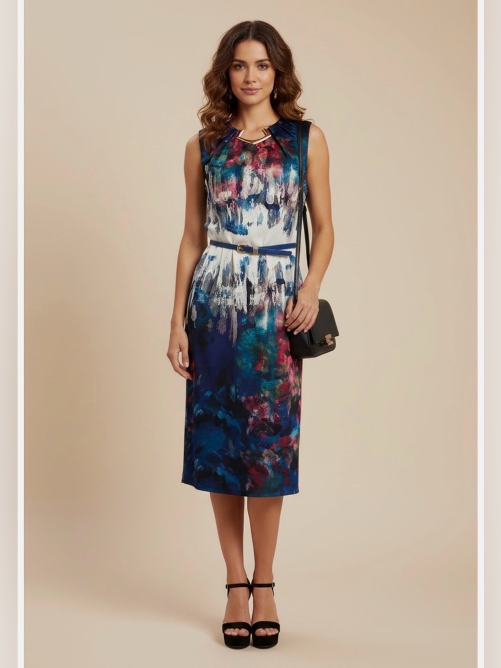 NWT Joseph Ribkoff Abstract Print Sleeveless Midi Dress in Blue and Multi